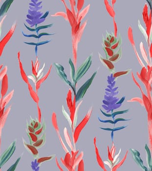 Seamless pattern with bright tropics in vertical colors on a light background, painted with gouache for textile