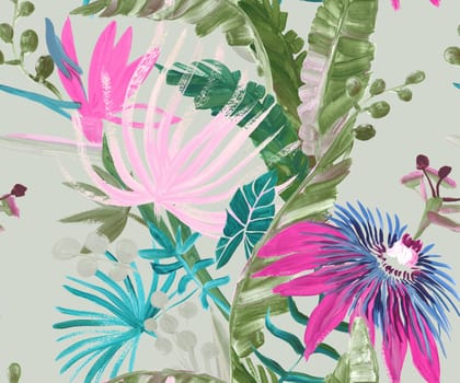 bright seamless pattern with multicolored tropical flowers and leaves painted in drybrush gouache for textile