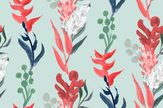 bright floral tropical pattern without seams drawn in gouache with flower for textile and surface design
