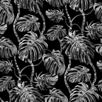 Seamless summer black and white watercolor pattern with monstera leaves on a black background for textiles and wall decor in the interior