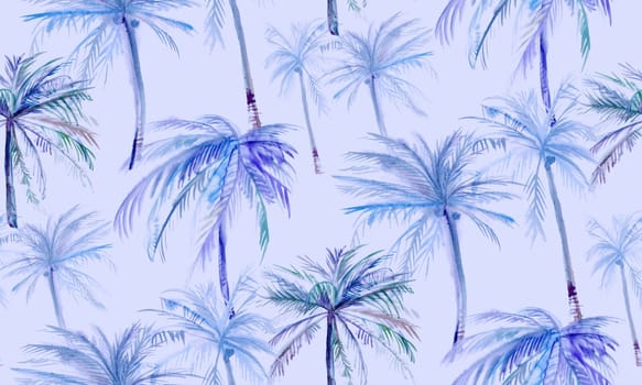 Subdued tropics on a lilac pattern with coconut trees painted in watercolor for textiles and surface design