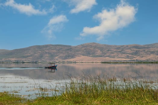 Decorated excursion boats in Isikli lake in Civril, Denizli