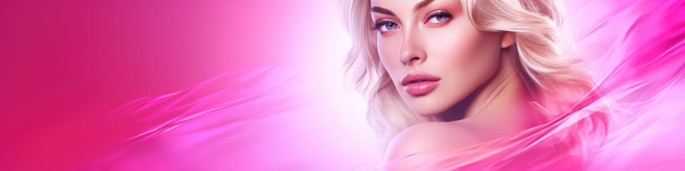 Portrait of beautiful woman with a bright pink background as banner, pink color concept