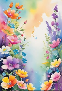 Spring background with colorful flowers and place for text. Vector illustration.Abstract floral background with colorful flowers. Beautiful floral background with colorful flowers and place for your text.Beautiful summer landscape with flowers. Vector illustration for your design. Watercolor illustration.Greeting card.Floral background.