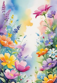 Spring background with colorful flowers and place for text. Vector illustration.Abstract floral background with colorful flowers. Beautiful floral background with colorful flowers and place for your text.Beautiful summer landscape with flowers. Vector illustration for your design. Watercolor illustration.Greeting card.Floral background.