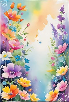 Spring background with colorful flowers and place for text. Vector illustration.Abstract floral background with colorful flowers. Beautiful floral background with colorful flowers and place for your text.Beautiful summer landscape with flowers. Vector illustration for your design. Watercolor illustration.Greeting card.Floral background.