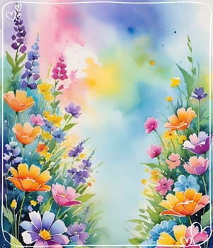 Spring background with colorful flowers and place for text. Vector illustration.Abstract floral background with colorful flowers. Beautiful floral background with colorful flowers and place for your text.Beautiful summer landscape with flowers. Vector illustration for your design. Watercolor illustration.Greeting card.Floral background.