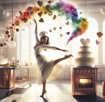 glamourous chef in steampunk kitchen with windiwn natural light cooking posing dancing singing illustration generative ai art