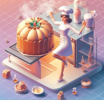 glamourous chef in steampunk kitchen with windiwn natural light cooking posing dancing singing illustration generative ai art