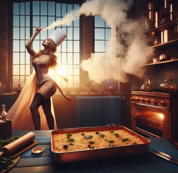 glamourous chef in steampunk kitchen with windiwn natural light cooking posing dancing singing illustration generative ai art