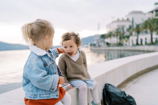 Little girl treats her friend to muesli from a spoon while sitting on a fence by the sea. High quality photo