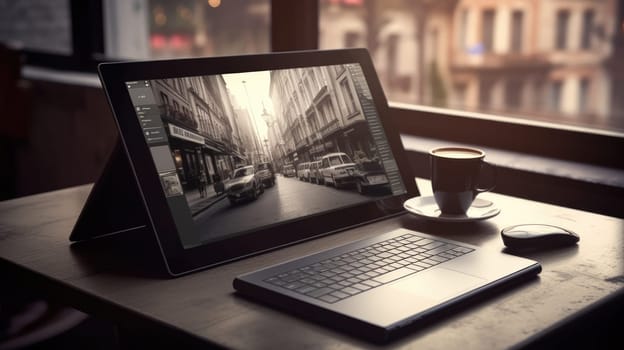 Graphic designer's desk. Tablet and keyboard. Work in a cafe AI