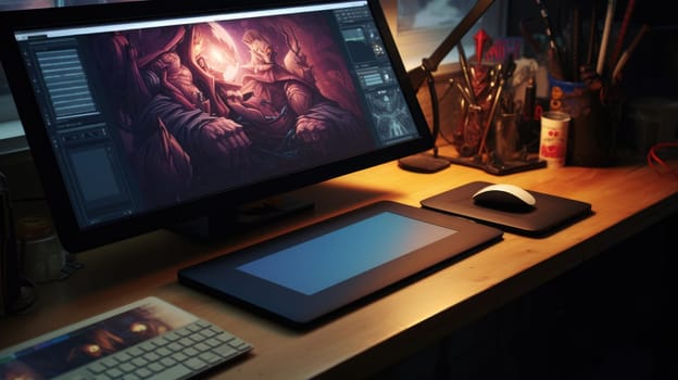 Graphic designer's desk. Computer and graphics tablet. AI