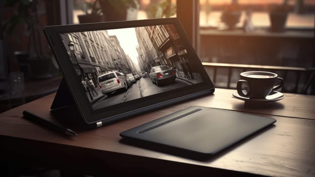 Graphic designer's desk. Tablet. Work in a cafe . AI