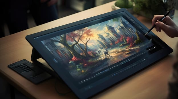 Graphic Designer. The artist's hand draws a bright digital illustration on a tablet. AI