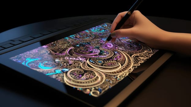 Graphic Designer. The artist's hand draws a bright digital illustration on a tablet. AI