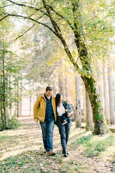 Smiling dad hugs mom with a little girl in her arms walking through the forest. High quality photo