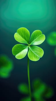 Green shamrock against a blurred background. The symbol of St. Patrick 's Day AI