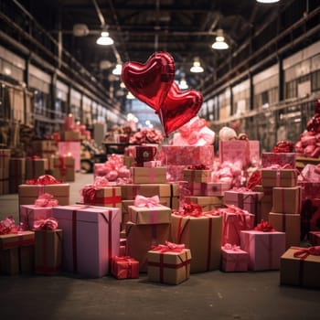 Large warehouse of Valentine's Day gifts. Sale and delivery of goods AI