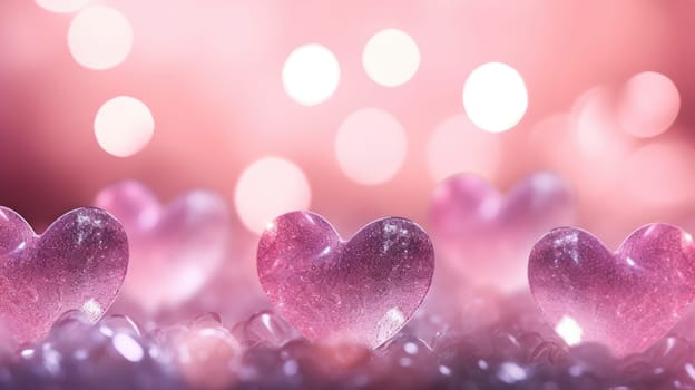 Abstract pink bokeh background. Trendy Valentine's Day decoration symbol. Shimmering heart shaped AI