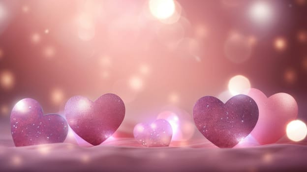 Abstract pink bokeh background. Trendy Valentine's Day decoration symbol. Shimmering heart shaped AI