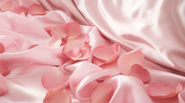 Pink rose petals scattered over silk satin bed sheets. Romantic visual. AI