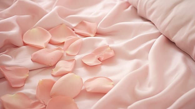 Pink rose petals scattered over silk satin bed sheets. Romantic visual. AI