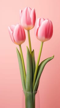 Pink tulips on the pink background. Flat lay, top view. Valentine's Day background. Vertical AI