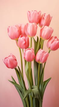 Pink tulips on the pink background. Flat lay, top view. Valentine's Day background. Vertical AI