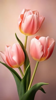 Pink tulips on the pink background. Flat lay, top view. Valentine's Day background. Vertical AI