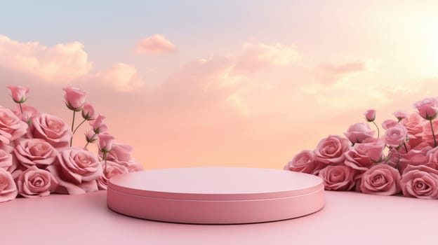 Empty podium and pink roses for product display. Romantic pink sunset background. Copyspace AI