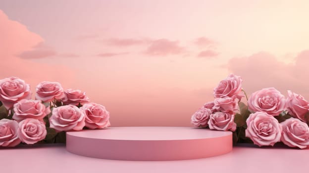 Empty podium and pink roses for product display. Romantic pink sunset background. Copyspace AI