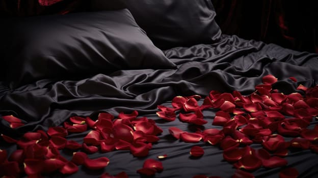 Rose rose petals scattered over black silk satin bed sheets. Romantic visual. AI