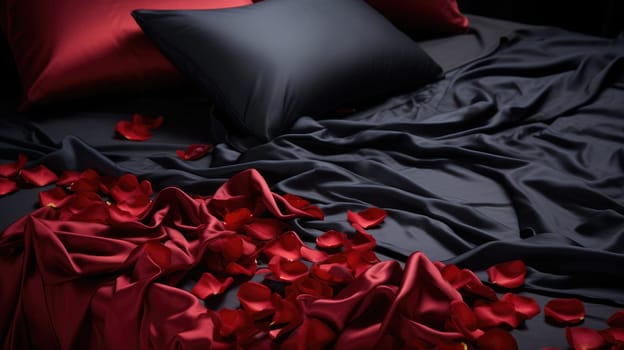 Rose rose petals scattered over black silk satin bed sheets. Romantic visual. AI