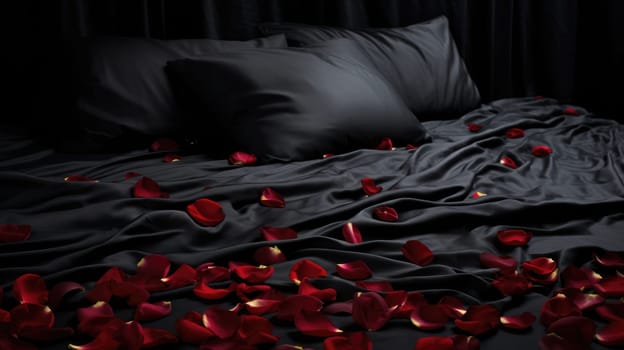 Rose rose petals scattered over black silk satin bed sheets. Romantic visual. AI