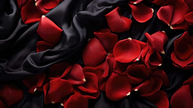 Rose rose petals scattered over black silk satin bed sheets. Romantic visual. AI