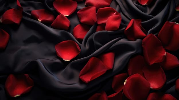 Rose rose petals scattered over black silk satin bed sheets. Romantic visual. AI