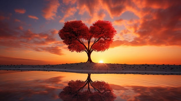 Tree of love. Romantic heart shape tree on sunset sky. Beautiful landscape with red tree. Love background AI
