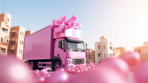 Truck with a gift box, against the backdrop of a blurry pink city. Gift delivery service AI