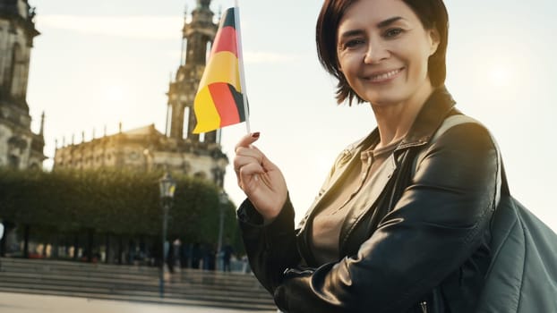 Young Woman Smiles With German Flag In Hand, Against Blurred City Backdrop In Autumn