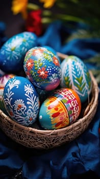 Easter eggs painted in blue color. Vertical holiday banner. AI