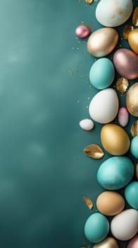 Easter eggs painted in blue color. Vertical holiday banner. AI