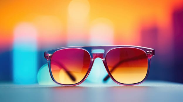Minimal copy space banner with sunglass. Colorful bokeh background AI