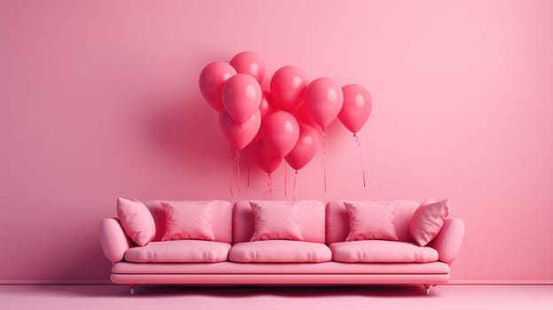 Pink sofa and heart-shaped balloons, on a pink background AI