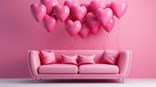 Pink sofa and heart-shaped balloons, on a pink background AI