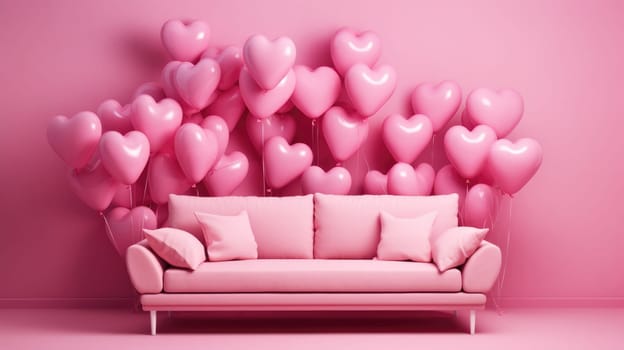 Pink sofa and heart-shaped balloons, on a pink background AI