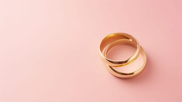 Pink pastel background with copy space and wedding golden rings AI