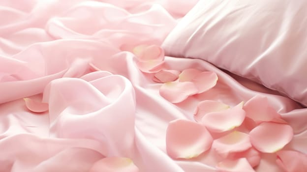 Pink rose petals scattered over silk satin bed sheets. Romantic visual. AI