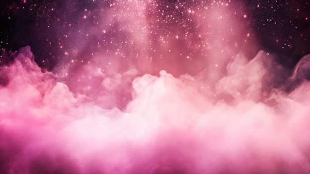 Pink spotlights through smoke and gold sparkles. Abstract pink background AI