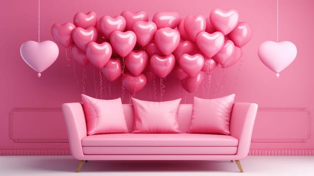 Pink sofa and heart-shaped balloons, on a pink background AI